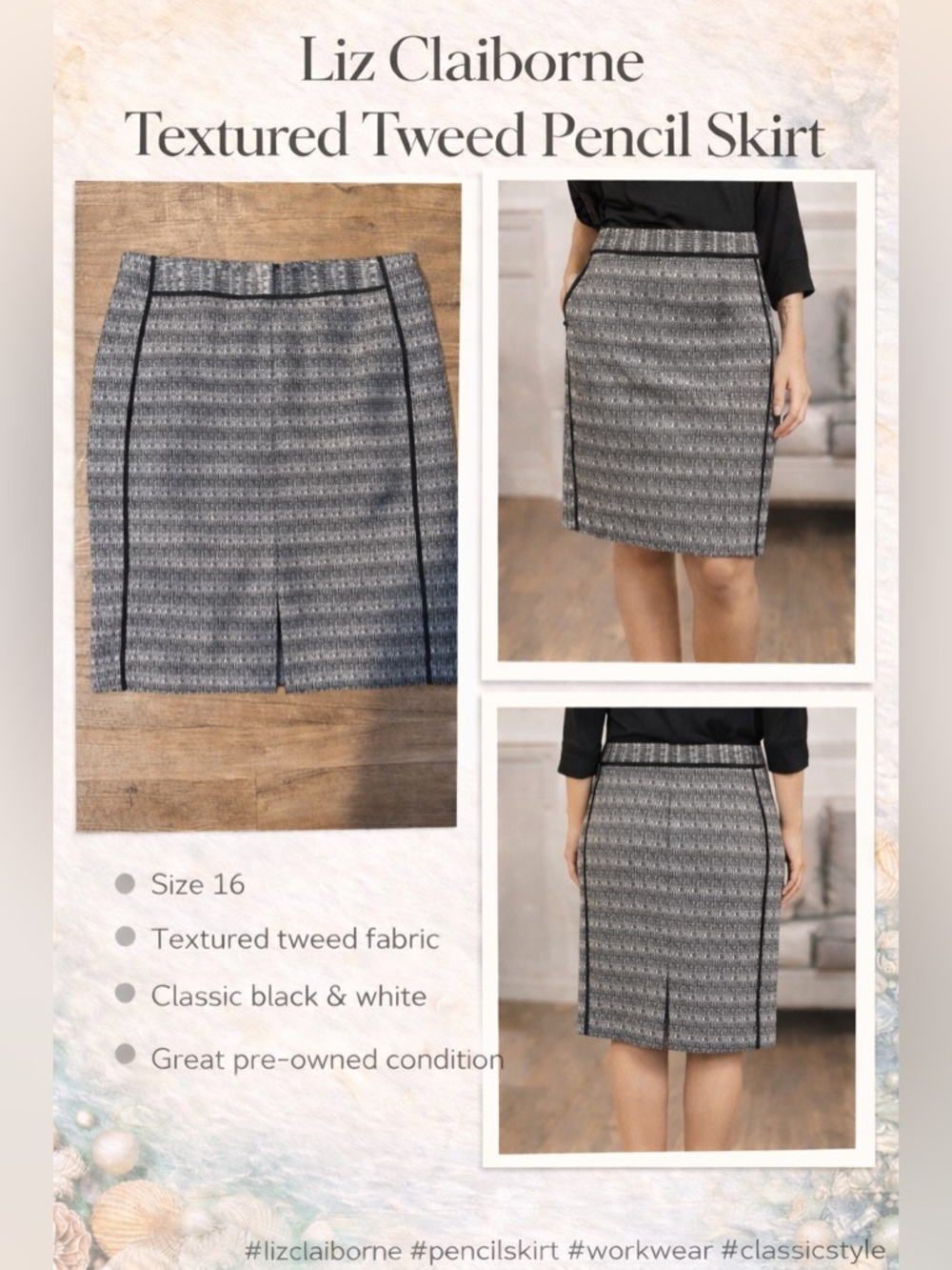 Liz Claiborne Black and White Textured Tweed Pencil Skirt